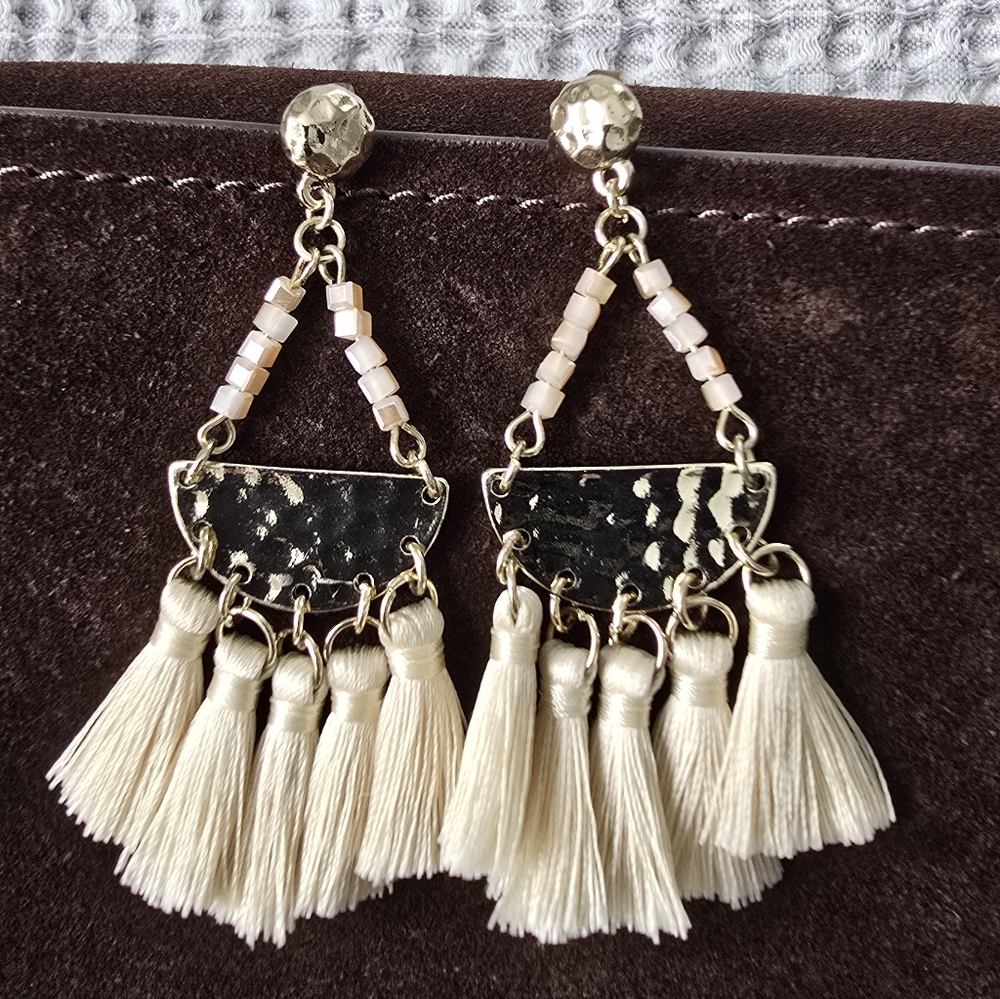 Elegant Gold and Cream Tassel Earrings